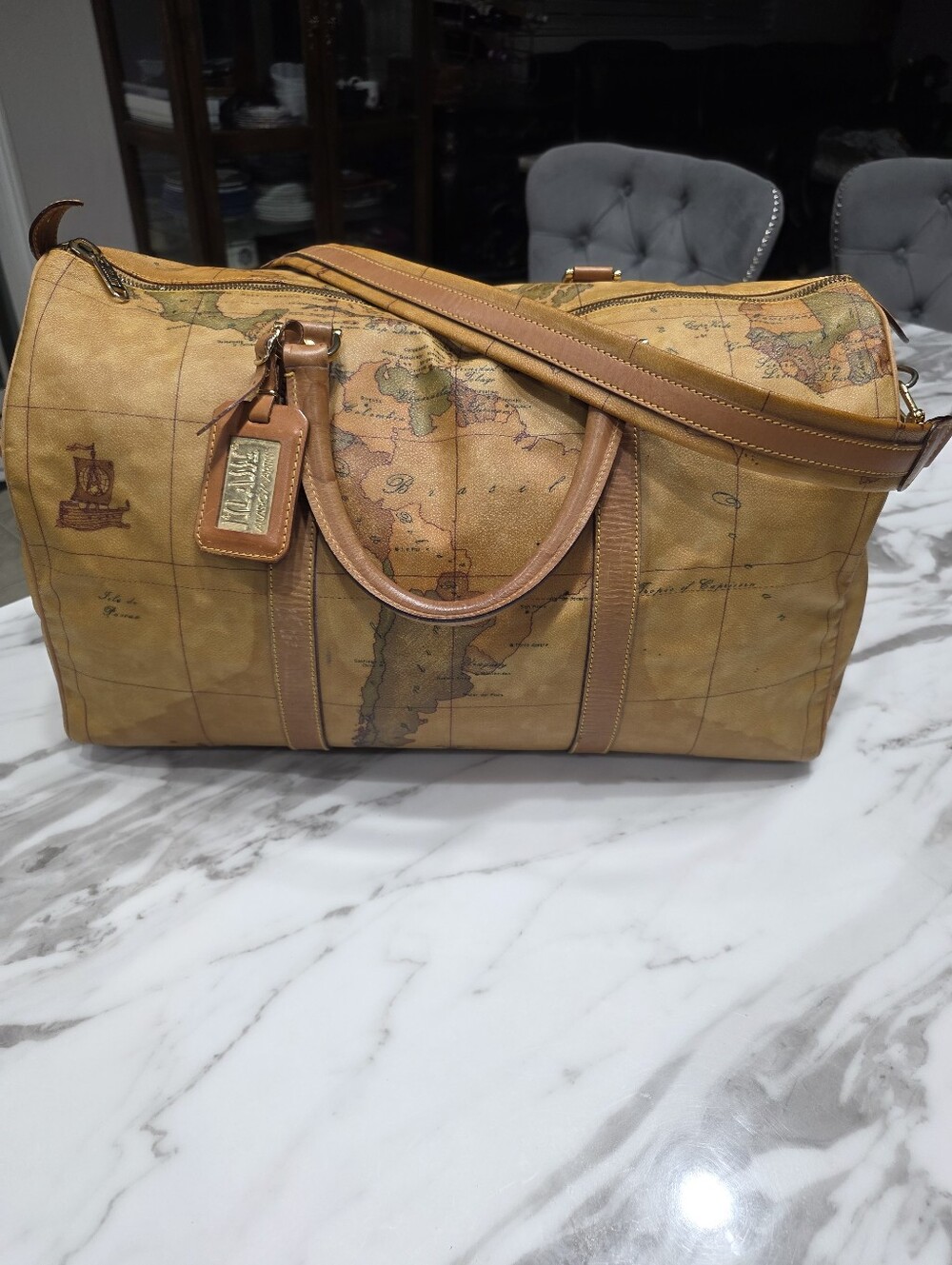 Alviero Martini Tan Map-Print Leather-Trim Duffel